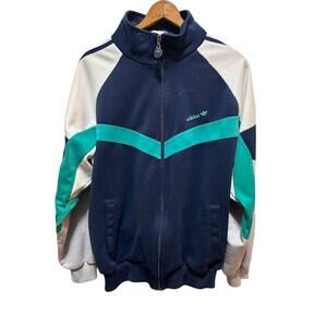 Vintage 90s Adidas White Navy Teal Blue Full Zip Track Jacket Warm Up Men Large
